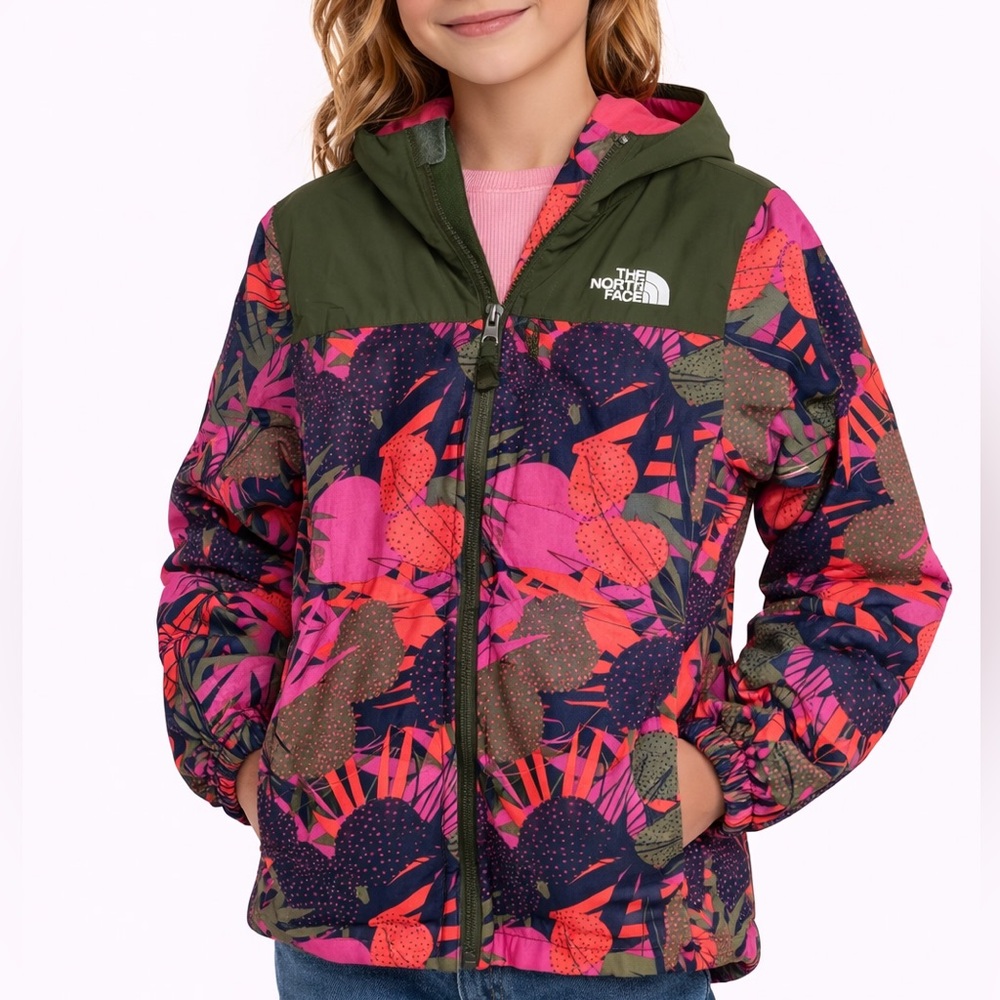 The North Face Kids Girls Size Large Floral Hooded Jacket - Pink & Olive
